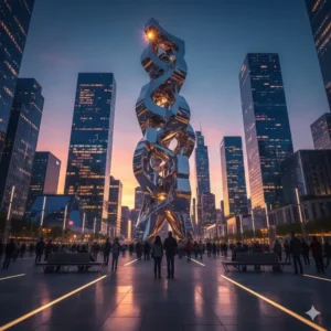 View of a monumental, modern structure in a city public square, this public tall artwork.