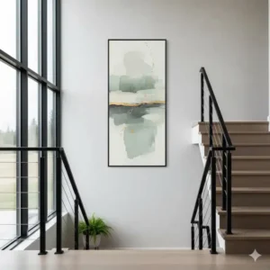 Minimalist tall wall art hanging vertically in a bright, open stairwell.