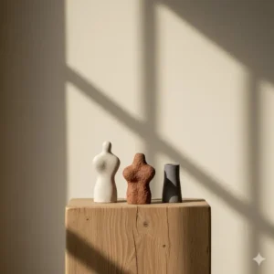 Trio of contemporary small artwork ceramic sculptures displayed on a wooden pedestal as unique home decor.