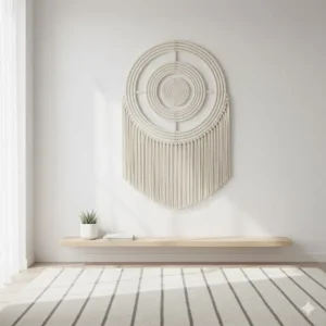 Minimalist circular woven wall decor piece in a light, airy room, offering a subtle texture.