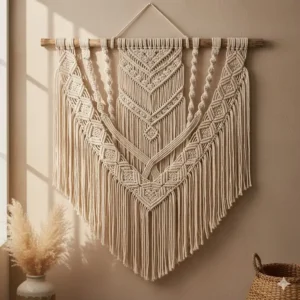 A luxurious, large handwoven tapestry displayed in a dining room, illustrating the traditional and textural appeal of woven fabric artwork for wall.