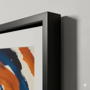 Detail shot of a thick black frame encasing oversized wall art, showing the shadow gap and quality of the finished wood.