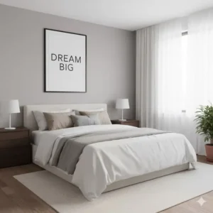 Minimalist typography bedroom wall prints with an inspirational quote in a black frame, popular for contemporary bedrooms.