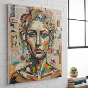 Vibrant mixed media collage incorporating recycled paper, canvas, and various textures to create unique Material Wall Art.