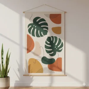 Oversized printed fabric textile wall hanging banner featuring a minimalist botanical design, ideal for a modern living space.