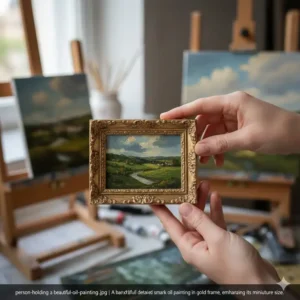 A hand holding a beautifully detailed small artwork oil painting in a gold frame, emphasizing its miniature size.