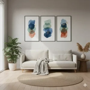 A stylish modular set of three narrow and tall wall art canvas prints arranged together.