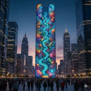 A massive building-side mural that constitutes a very skyscraper tall artwork installation.