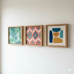 Three framed square panels with vibrantly patterned, stretched fabric, demonstrating an easy DIY technique for **wall decor with cloth**.