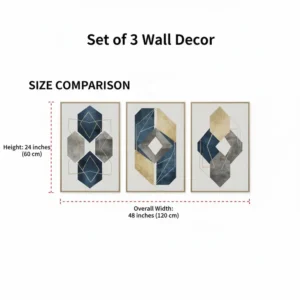 Set of 3 wall decor size comparison chart, including dimensions in inches and centimeters.
