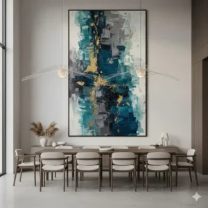 A dramatic, extra-long piece of tall wall art that complements a high-ceiling dining area.