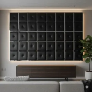 Modern interior showcasing black leather padded wall tiles, offering a luxurious and tactile form of Material Wall Art.