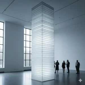 A sleek, minimalist tall artwork installation composed of stacked light boxes.