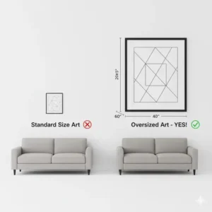 Comparison image illustrating the difference between a standard size and oversized framed wall art next to a full-size sofa for scale.