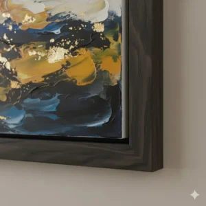 Detailed photo of the premium wood frame of a big framed wall art piece, highlighting the quality and texture.
