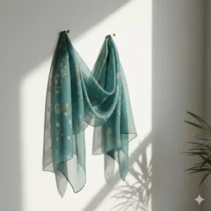 A soft, sheer silk scarf draped and pinned elegantly on the wall, showing how textiles can be used for temporary and lightweight **wall decor with cloth**.