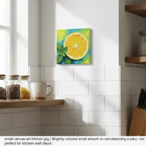 Brightly colored small artwork on canvas depicting a piece of fruit, perfect for kitchen wall decor.