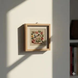 Close-up of a small, framed vintage embroidered textile wall hanging, showcasing fine needlework and traditional decorative art.
