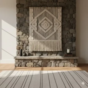 Statement-sized square woven hanging wall decor displayed symmetrically above a stone fireplace mantle.