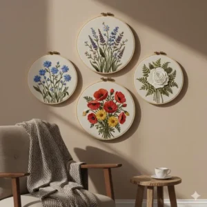 Detail of a simple wooden dowel rod used to hang a piece of printed fabric art, demonstrating an easy mounting method for fabric artwork for wall.