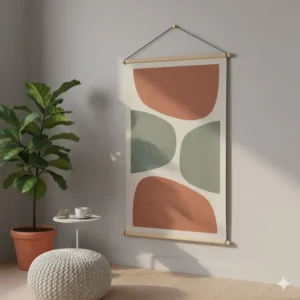 Affordable, fabric scroll tall wall art hanging in a bedroom corner.