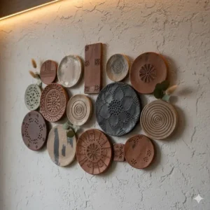 Hand-formed ceramic wall plaque with earthy tones and intricate carved details, a rustic example of Material Wall Art.