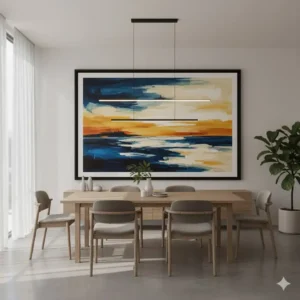 View of a minimalist dining room with a stunning big framed wall art piece on the wall, adding color and depth to the space.