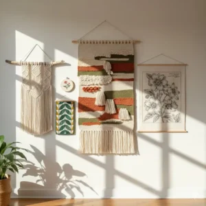 Gallery wall display featuring a collection of mixed textile wall hangings including small tapestries and macrame for a layered look.