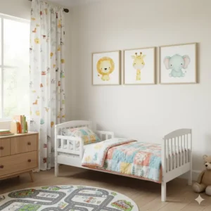 Adorable set of animal-themed bedroom wall prints decorating a child's bedroom or nursery wall.