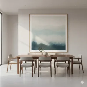 A panoramic view of a formal dining room where a single large oversized framed wall art piece dominates the main wall.
