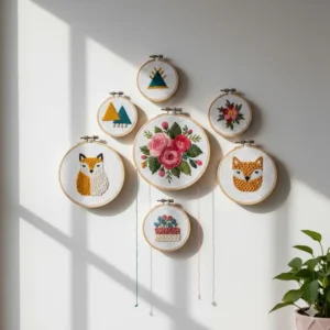 A collection of small, circular wooden hoops displaying various styles of colorful embroidered cloth, perfect for a gallery **wall decor with cloth** setup.