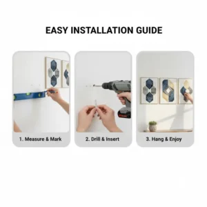 Set of 3 wall decor easy installation guide, showing how to hang the art with simple tools.