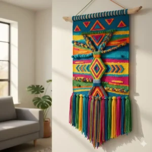 Vibrant, geometric-patterned woven hanging wall decor using colorful dyed fibers for a bright accent.