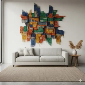 Unique 3D textile sculpture wall mounting creating depth and shadow, showing a more avant-garde approach to fabric artwork for wall display.