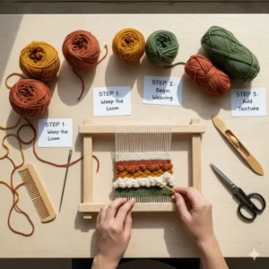 Step-by-step image showing the process of creating a DIY textile wall hanging, with yarn and weaving tools visible.
