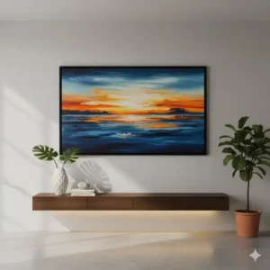 Horizontal big framed wall art placed over a console table, demonstrating how to use different orientations in home decor.