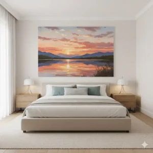 Oversized panoramic canvas bedroom wall prints displaying a calming landscape scene, making a bold design statement.