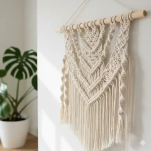 Detailed shot of a macrame wall hanging, emphasizing the knotwork and thick natural rope Material Wall Art texture.