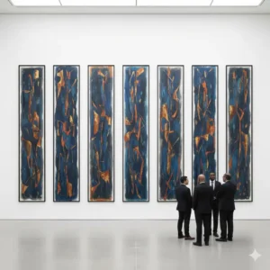 A gallery shot showing a collection of narrow, vertical artwork pieces hung closely together.