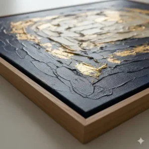 Macro photo highlighting the visible texture of an oversized framed canvas art painting with thick, impasto brushstrokes.