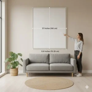 Diagram illustrating the proper hanging height and placement for a large piece of tall wall art.