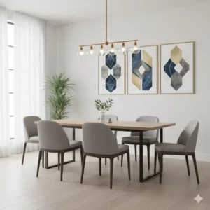 Set of 3 wall decor, the elegant framed pieces creating a focal point in a modern dining room.