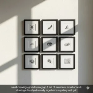 A set of nine miniature charcoal small artwork drawings displayed neatly together in a gallery wall grid.