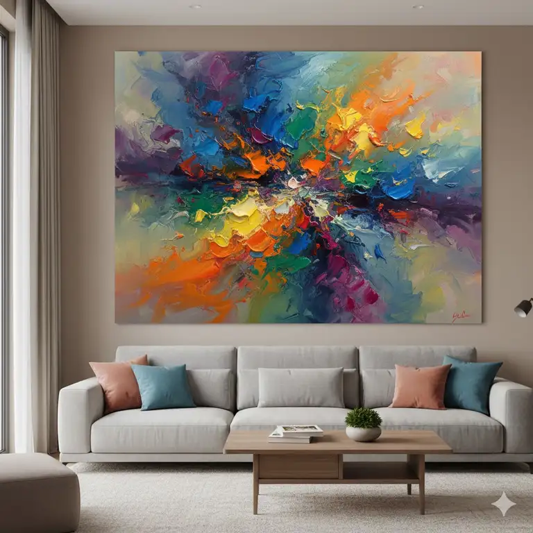 A modern living room displaying a large colorful wall art abstract canvas painting above a light grey sofa.