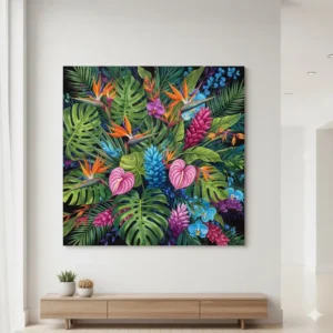 An oversized botanical print used as large colorful wall art, featuring vibrant tropical leaves and flowers.