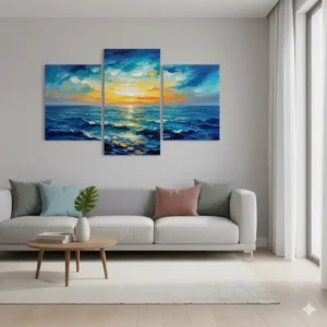 A three-piece split canvas set arranged as large colorful wall art, illustrating an abstract ocean sunset.