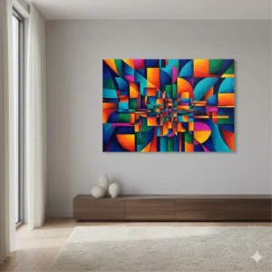 A vibrant geometric design used as large colorful wall art for contemporary home decor.