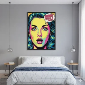 A modern pop art style print utilized as large colorful wall art in a stylish bedroom setting.