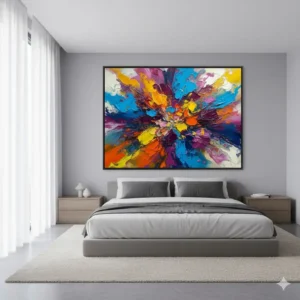 A highly textured abstract painting, an extra large colorful wall art piece with bold, expressive brushstrokes.