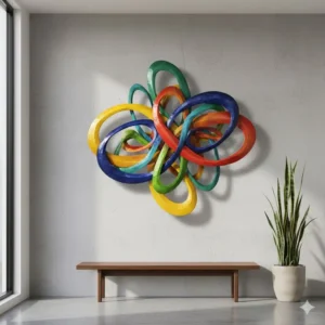 A bright, swirling metal sculpture functioning as large colorful wall art on a white concrete wall.